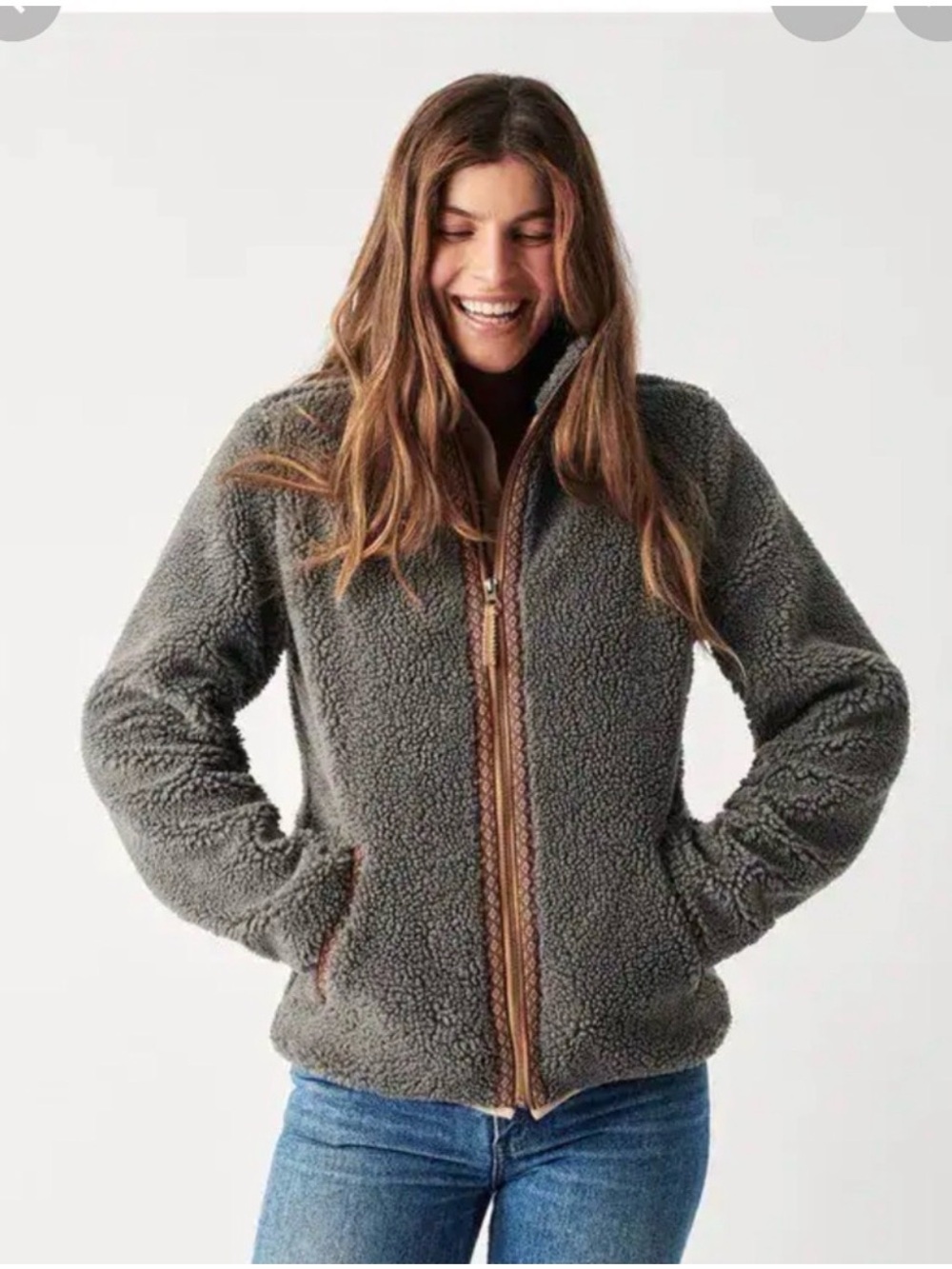 Faherty Gray Teddy Zip Jacket with Brown Trim